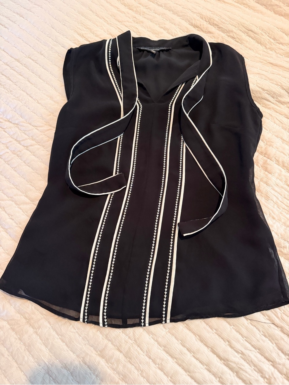 White House Black Market Black Sleeveless Tie-Neck Sleeveless with White Trim